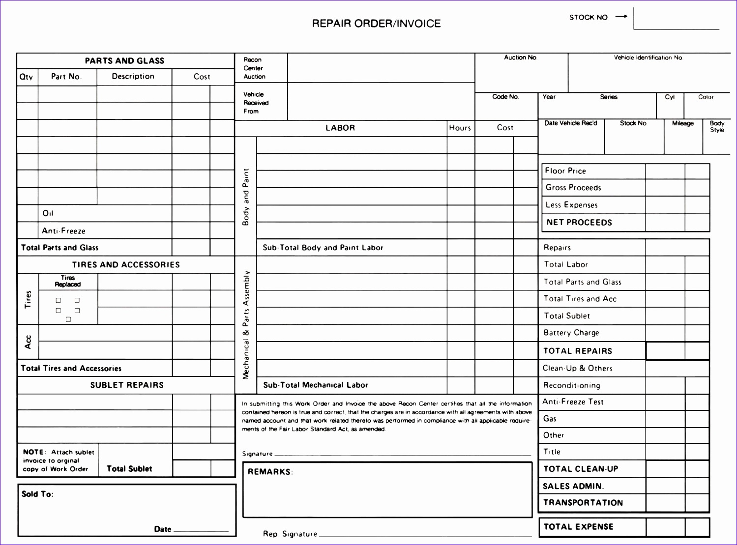 shop repair order form template