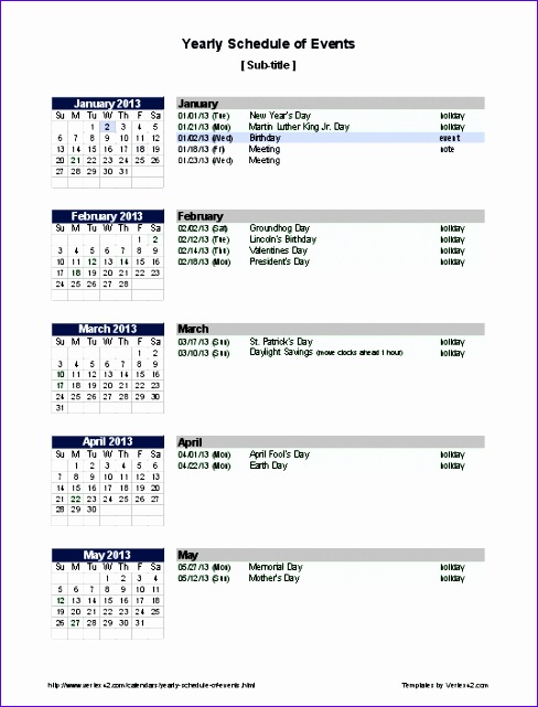yearly schedule of events