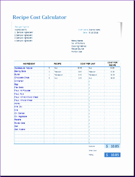 Recipe Cost Calculator Template for EXCEL Recipe cost calculator
