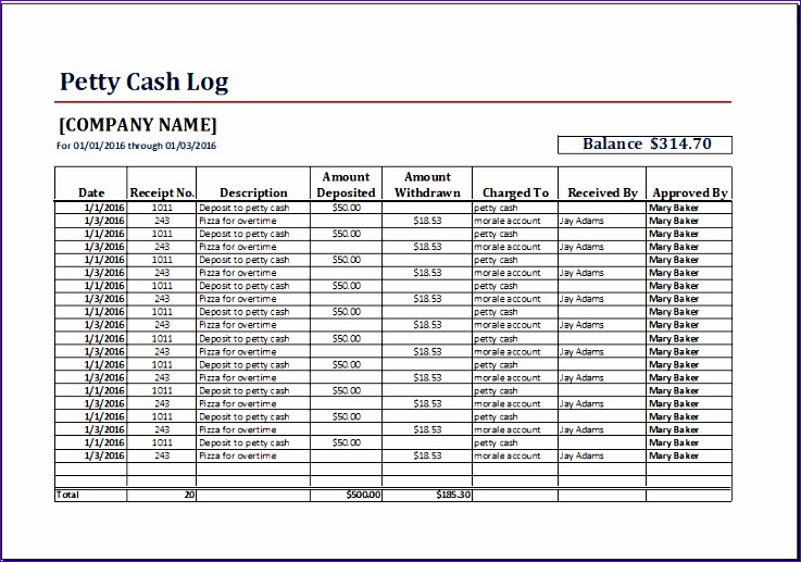 MS Excel Printable Petty Cash Log Template petty cash log