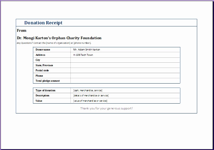 MS Excel Editable & Printable Donation Receipt Template donation receipt