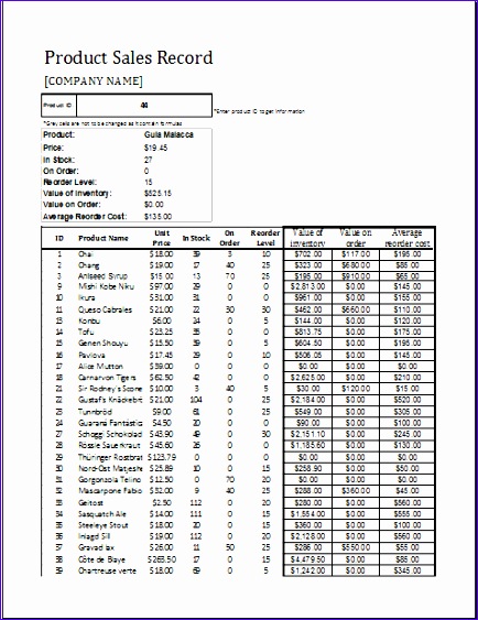 Product Sales Record Sheet Template for EXCEL product sales record