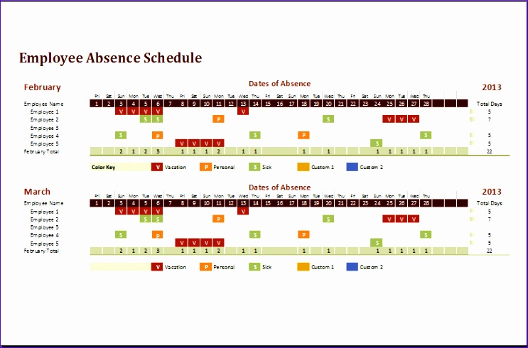 MS Excel Employee Absence Schedule Template employee absense schedule