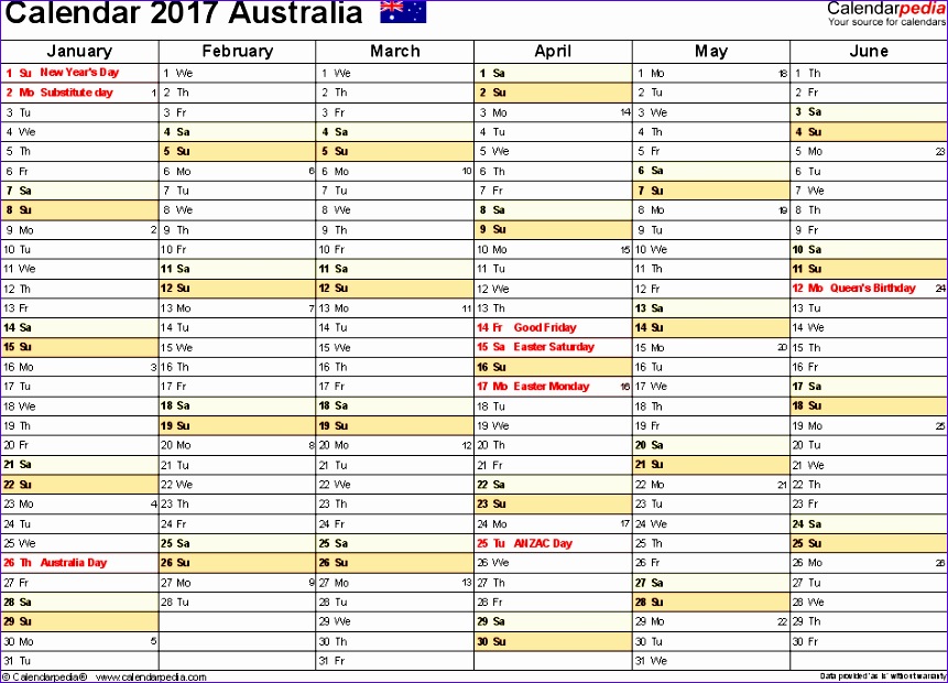 2017 calendar excel word australia