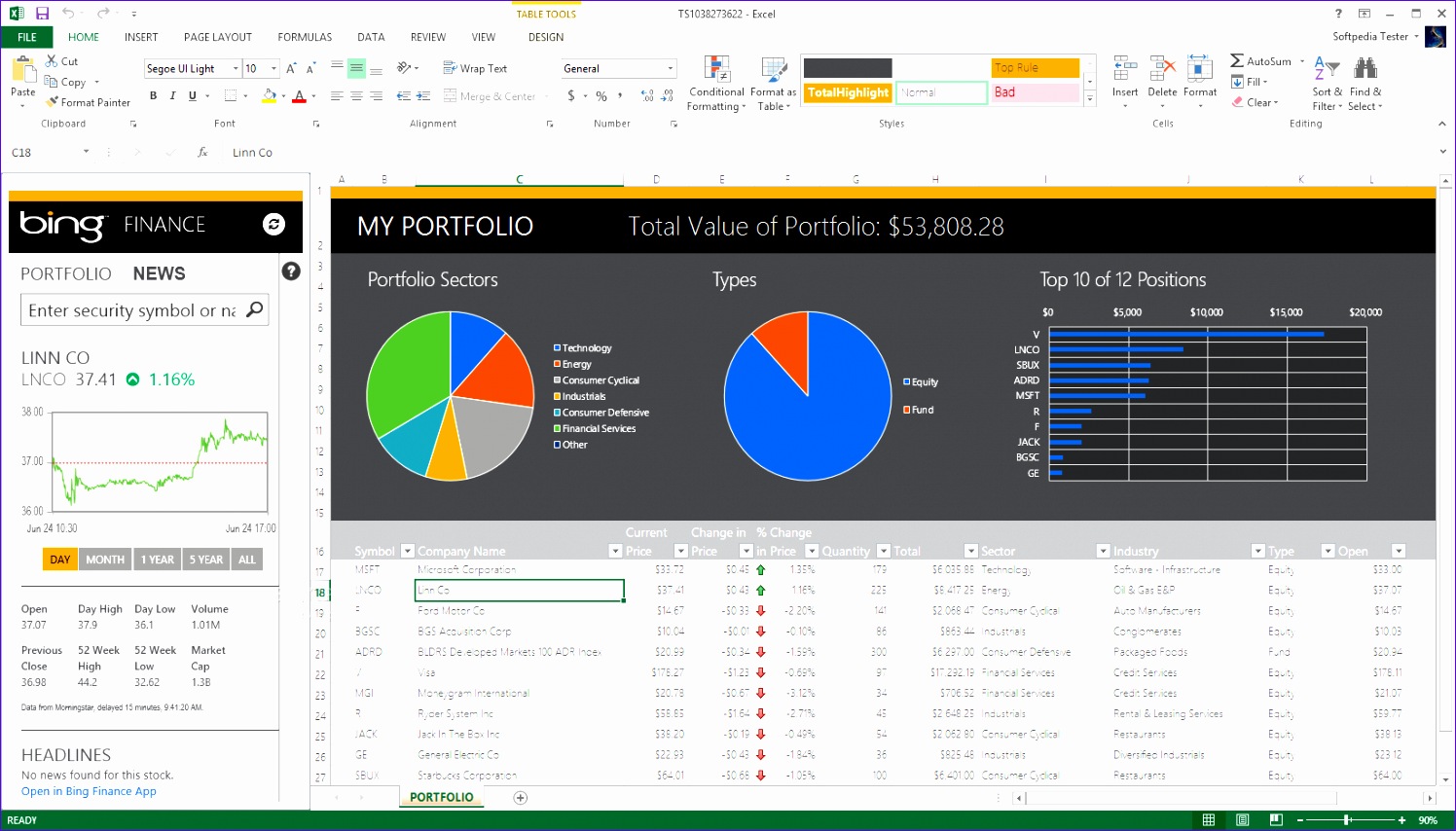 Bing Finance Tracker for Excel 1