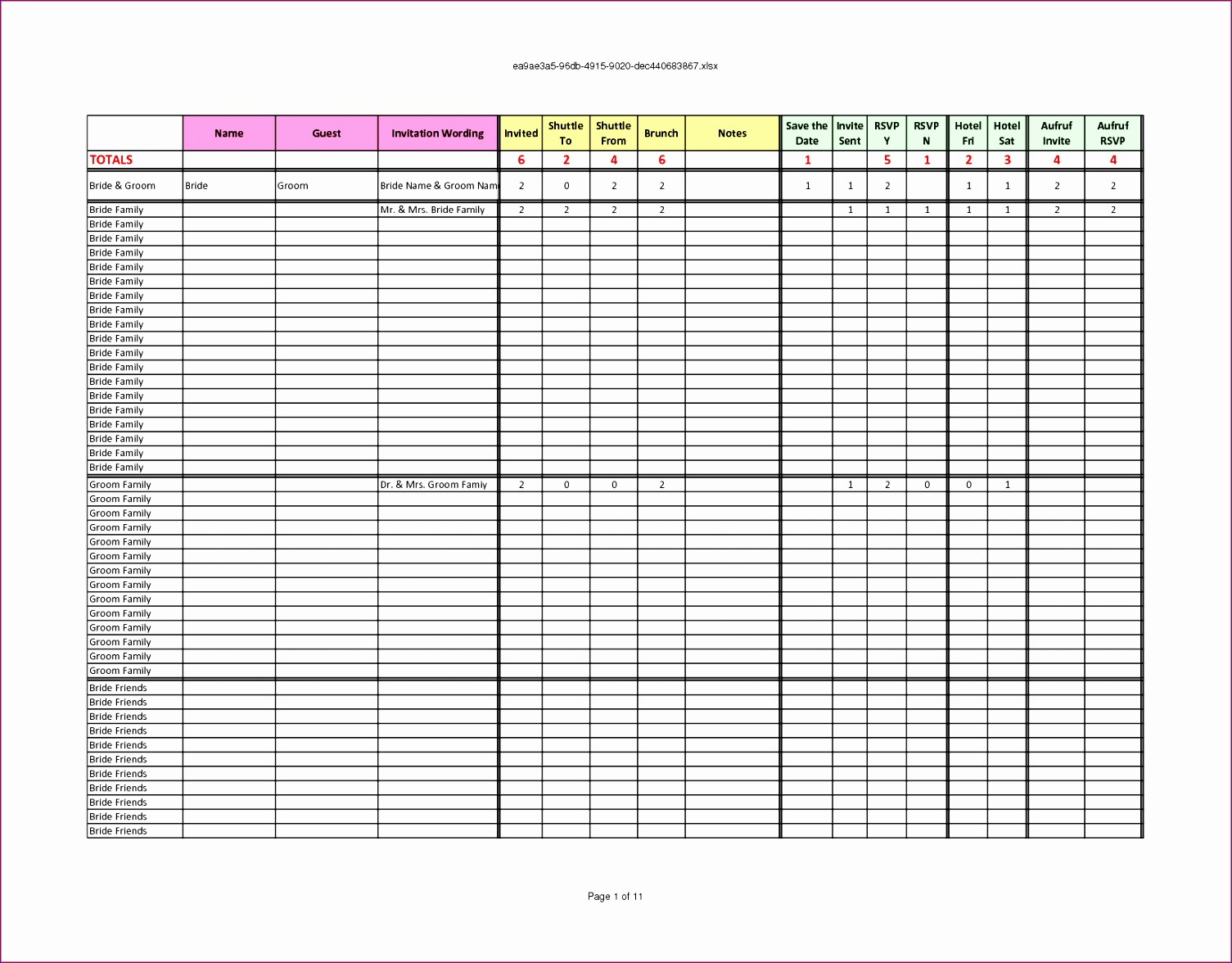 wedding guest list template excel