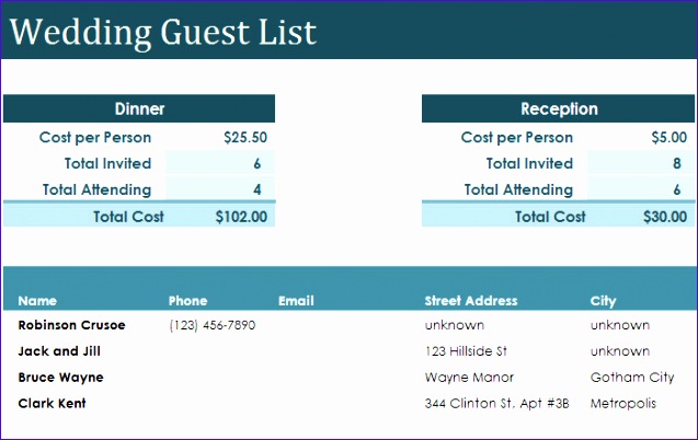 wedding guest list Excel and PDF new