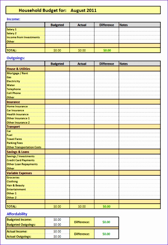 Excel XLSX Formated home bud template printable Template