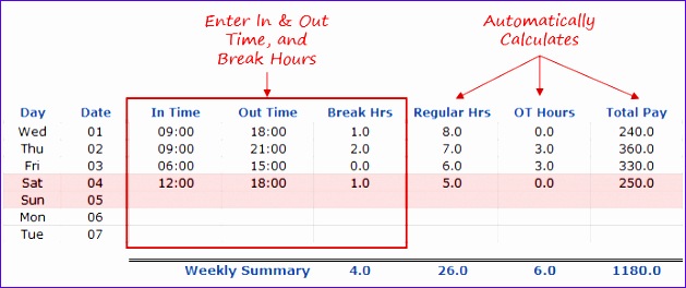 Employee Timesheet Calculator Template in Excel Enter Data