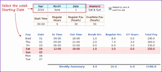 Employee Timesheet Calculator Template in Excel Select Week Start Date