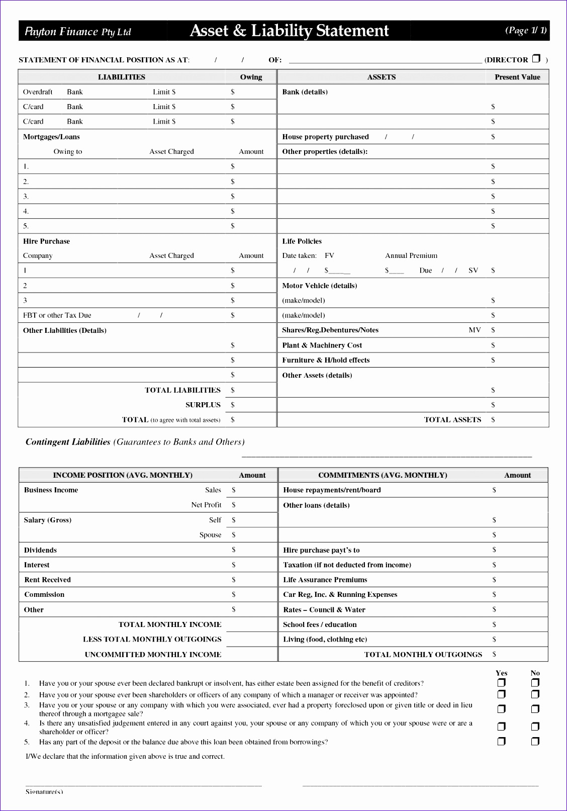 post asset and liability statement template