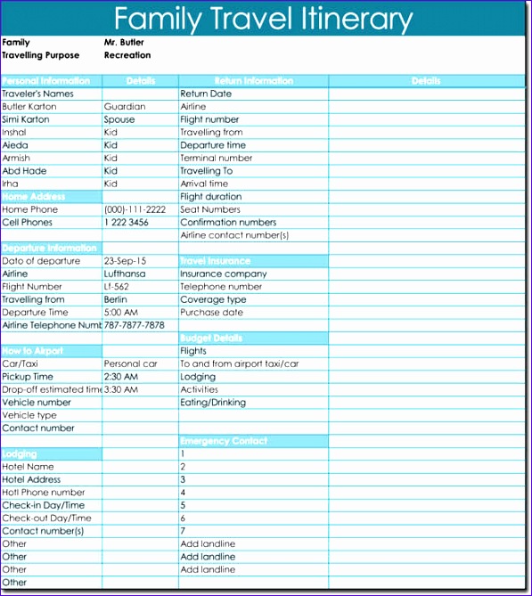 Family Travel Itinerary Template Excel