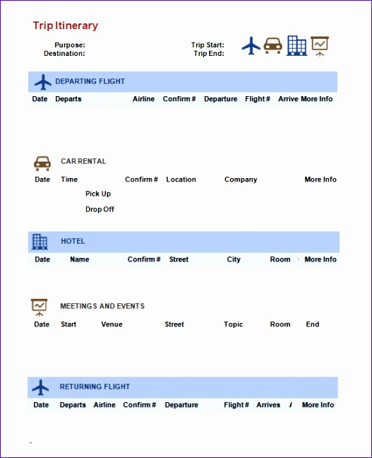 Trip Itinerary Template Word