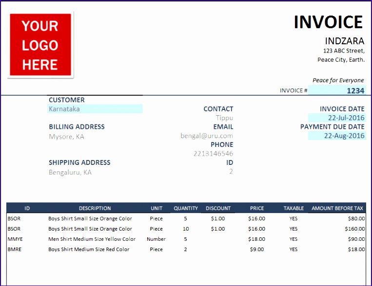 Invoice Excel Template header