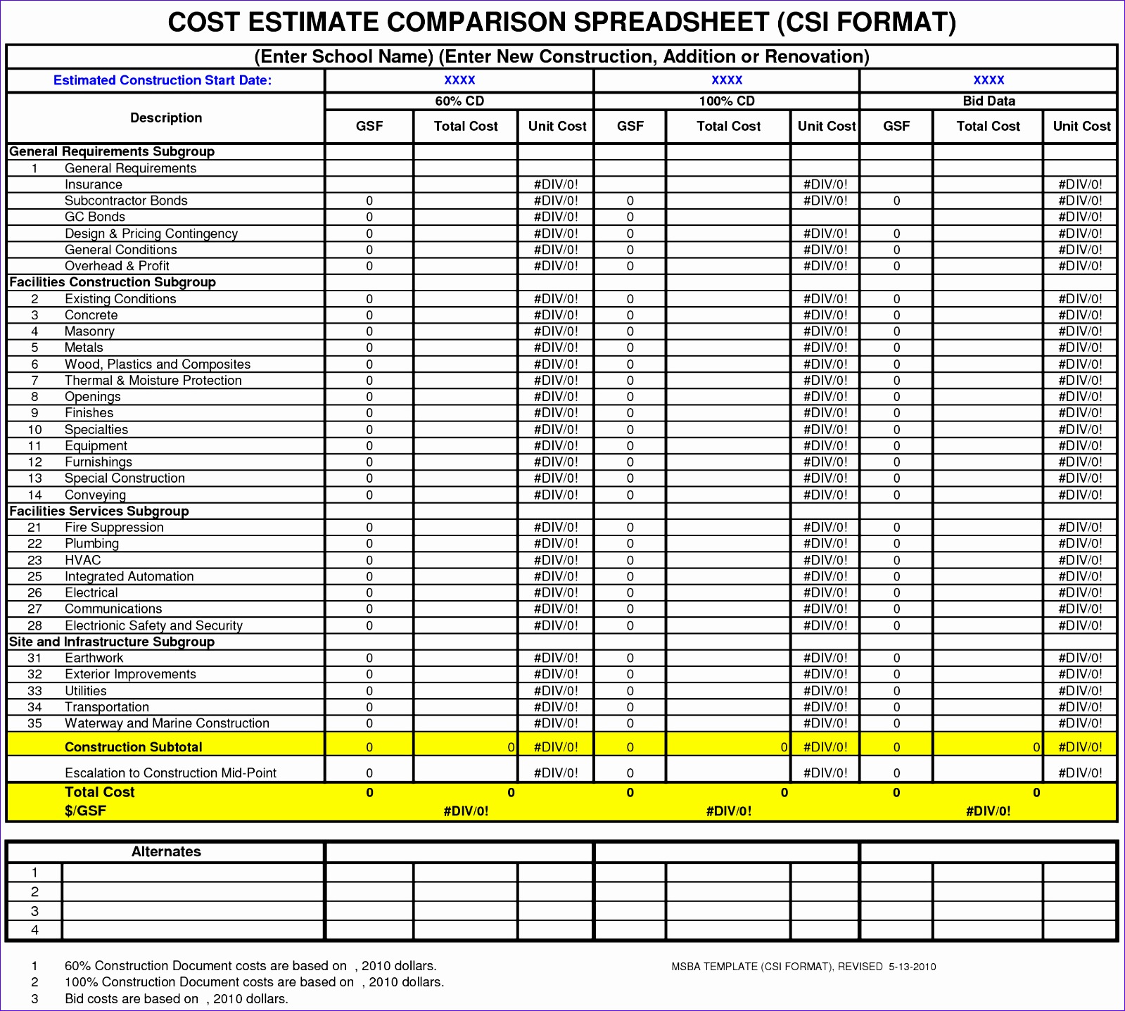 cost estimate parison spreadsheet1