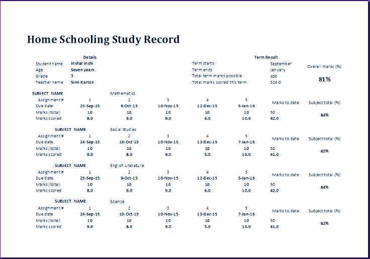 home schooling study record
