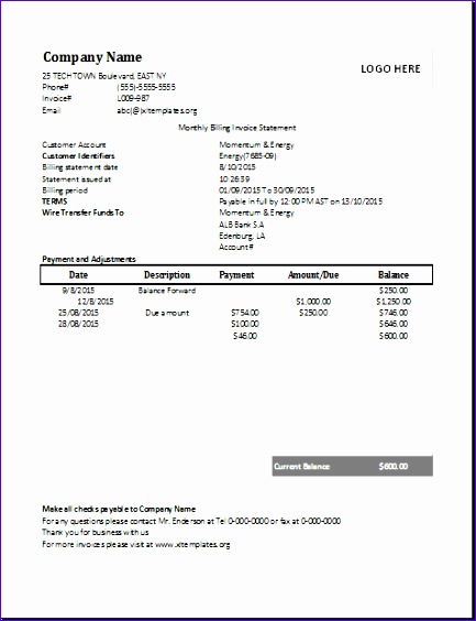 monthly billing invoice statement