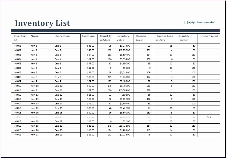 inventory excel sheet