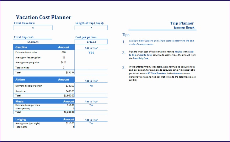 vacation cost planner