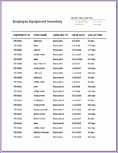 Employee equipment inventory sheet