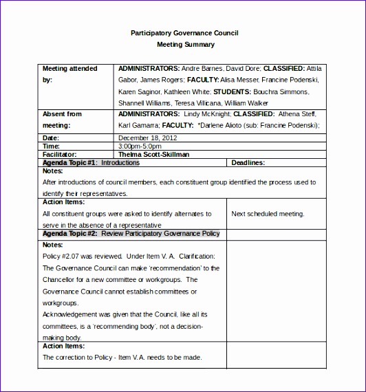 Participatory Governance Council Meeting Minutes Template Word