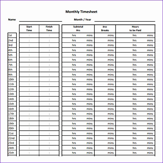 Simple Monthly Timesheet Template Download in PDF Format