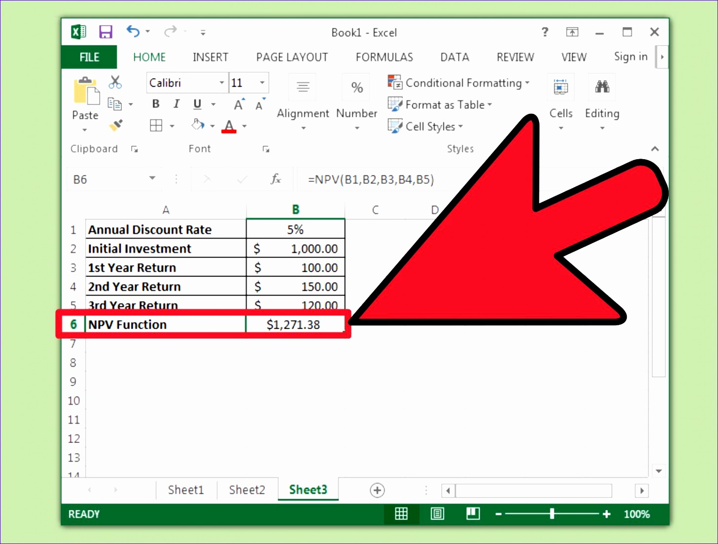 Calculate Npv in Excel Step 9 Version 3
