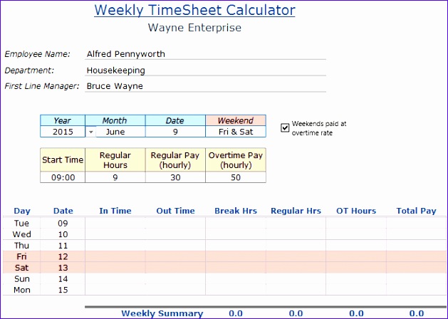 Employee Timesheet Calculator Template in Excel Demo 1