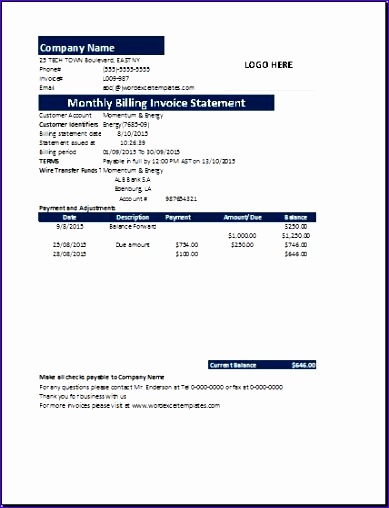 Monthly billing invoice statement