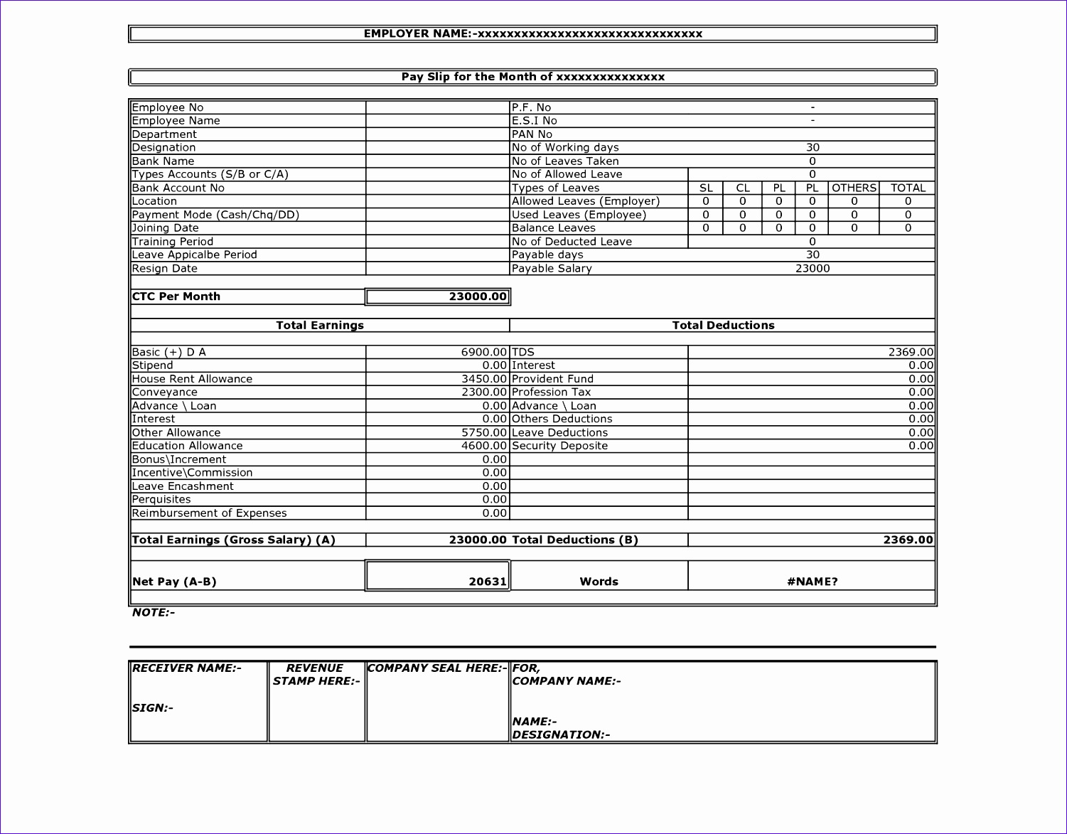 Salary Slip Format in Excel Free Download