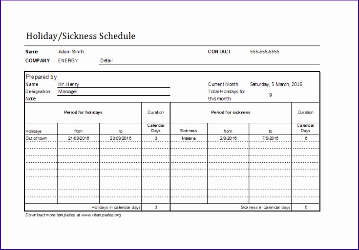 Personal and Business Schedule Planners holiday sickness schedule