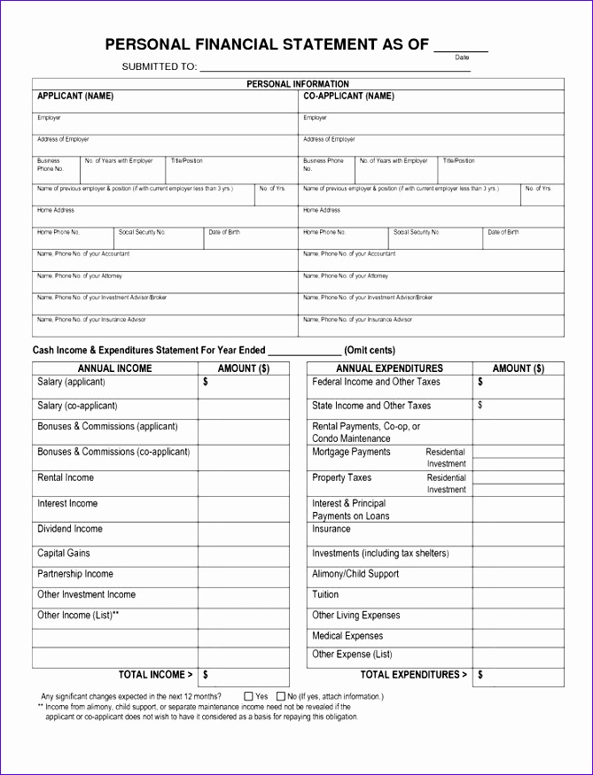 free printable personal financial statement form