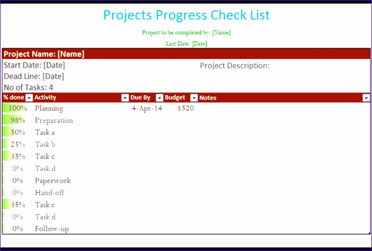 Project to do list template Excel Percentage of pletion Preview