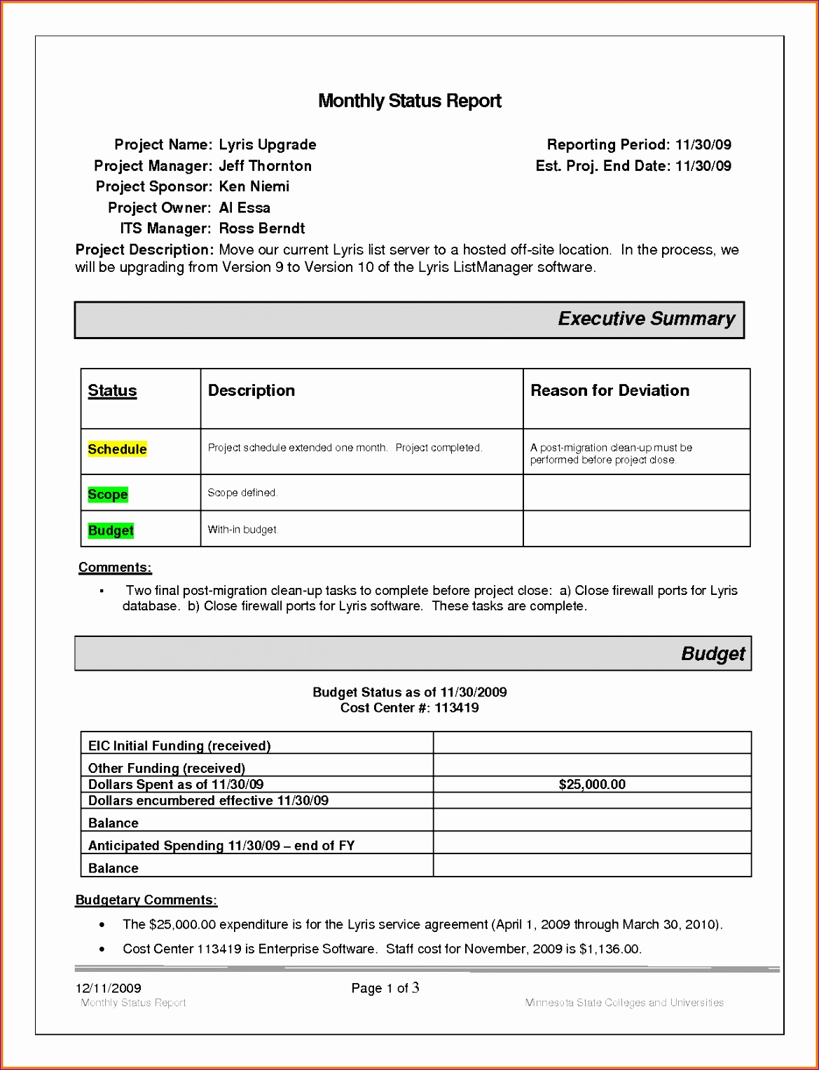 monthly status report template