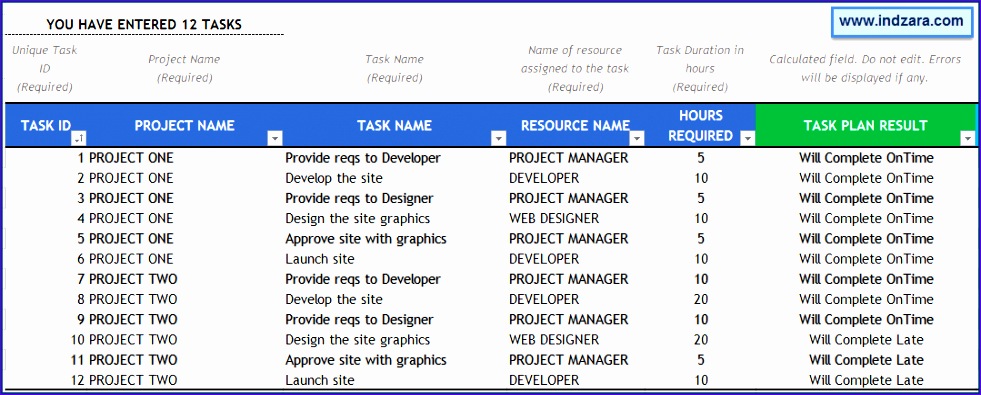 ProjectPlanner Advanced ExcelTemplate Tasks
