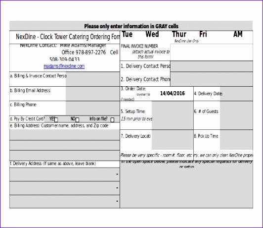 An Excel Template for Catering Order Form