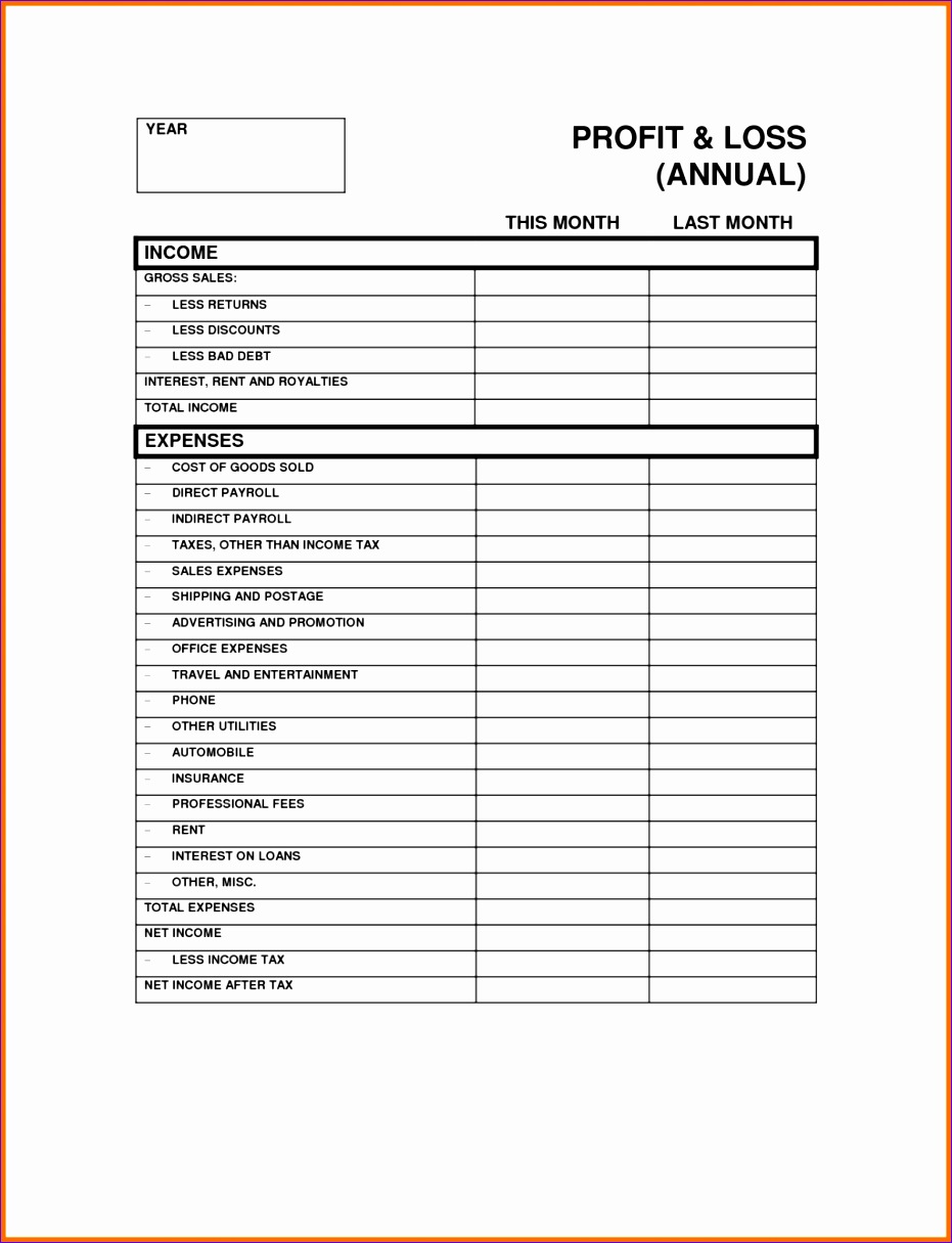 annual in e statement profit and loss worksheet template sample