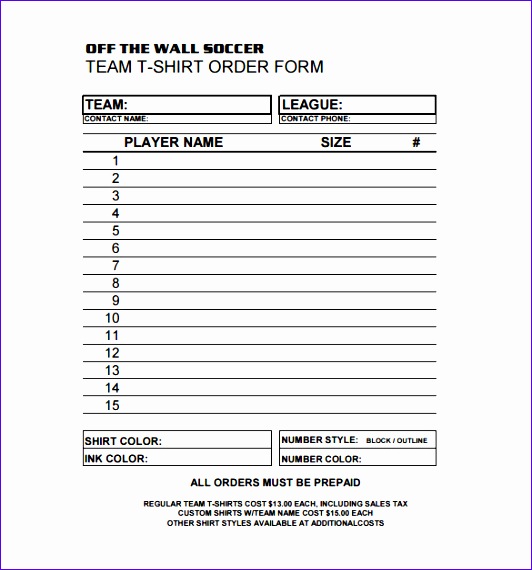 Soccer Team T Shirt Order Form Template PDF Download