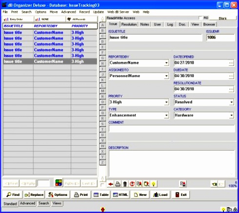 issue tracking manager database template