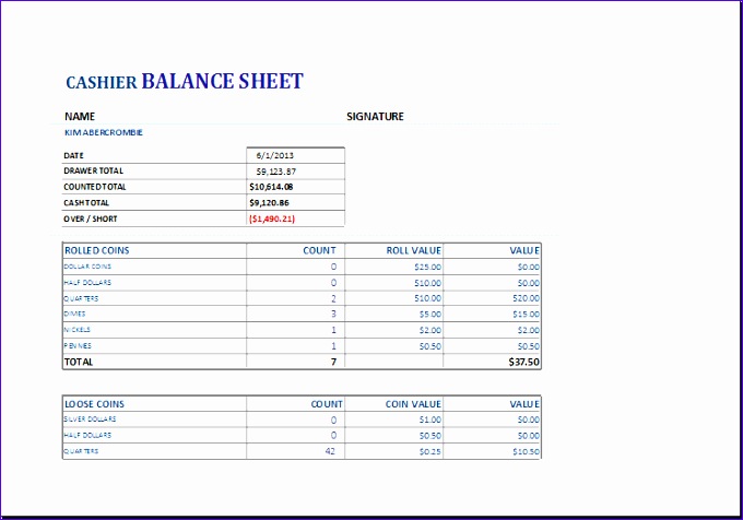 cashier balance sheet