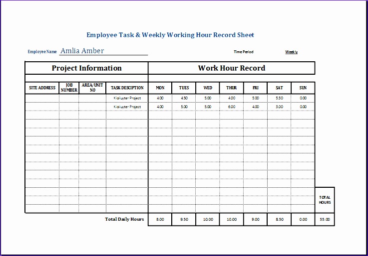 employee task and weekly working hour record sheet