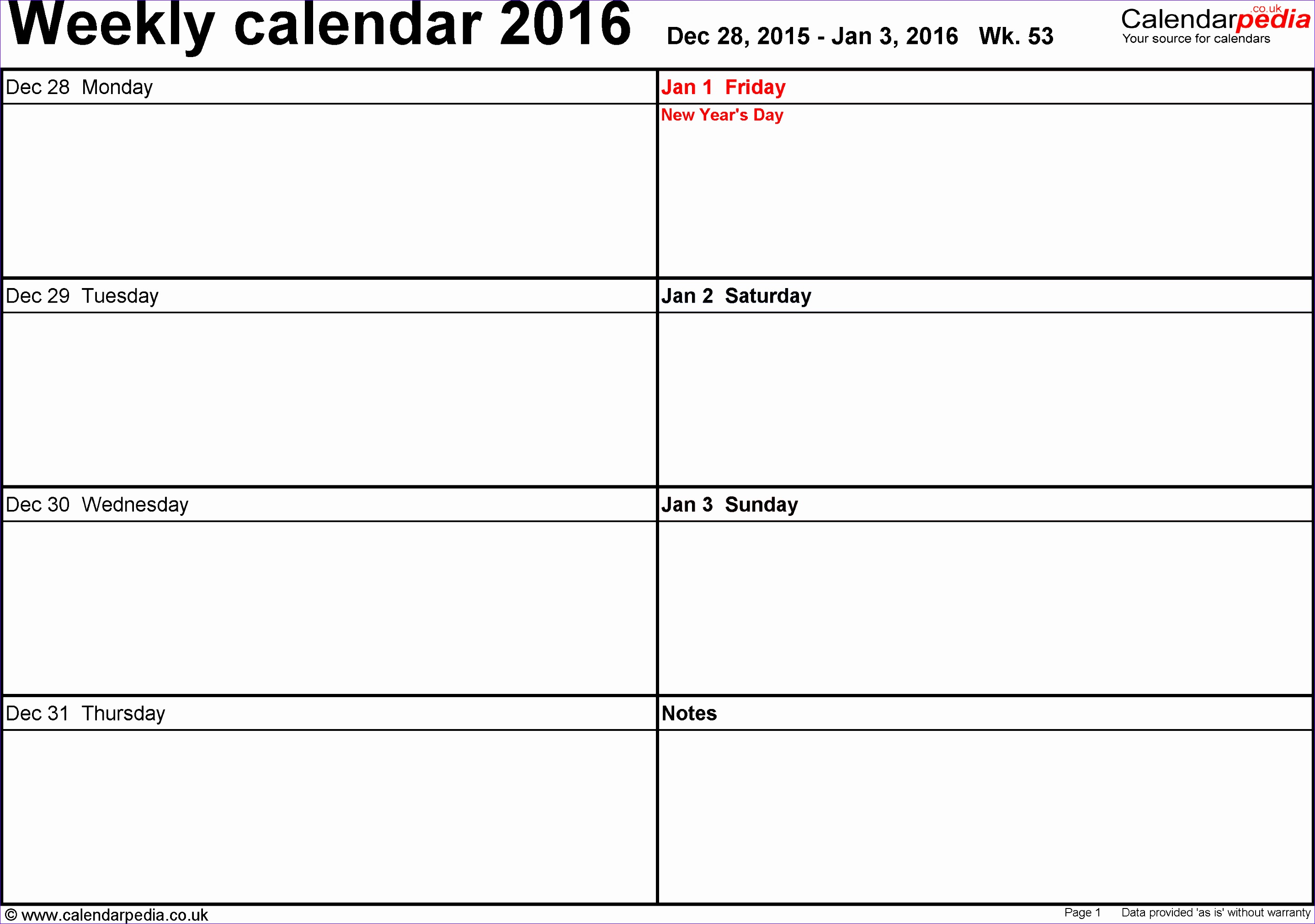 week calendar 2016 uk