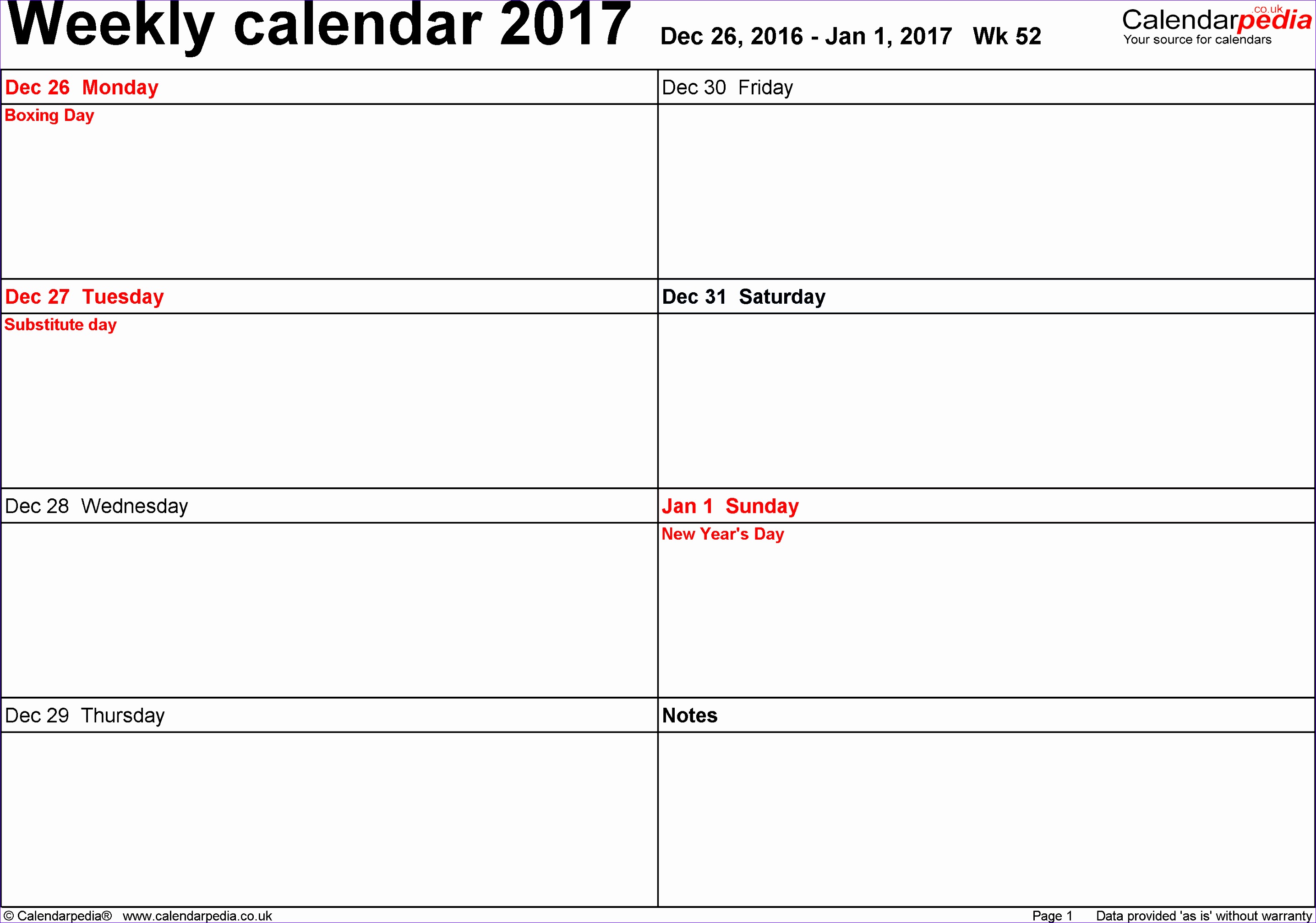 week calendar 2017 uk