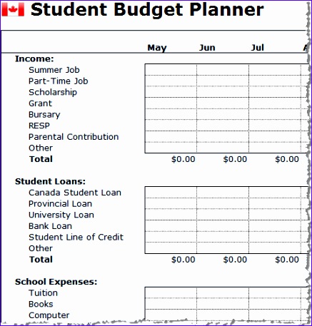 student bud planner canada spreadsheet