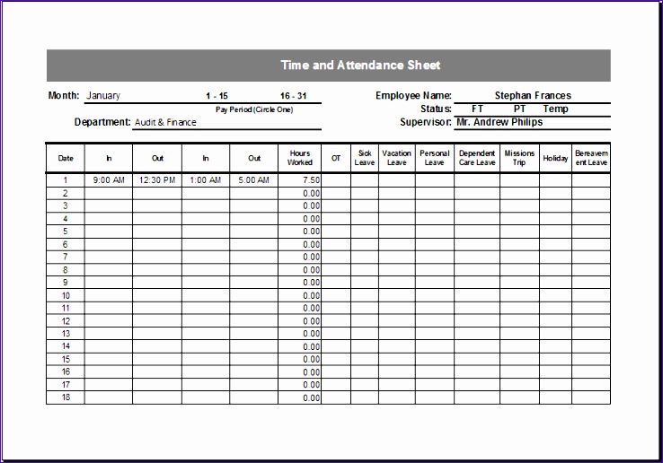 Editable Printable Time and Attendance Sheet time and attendance sheet