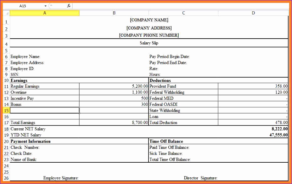 salary payslip format in excel pay slip template