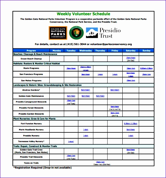 National Parks Weekly Volunteer Schedule Template PDF Example
