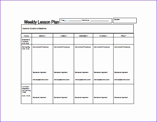 PreSchool Weekly Lesson Plan Word Free Template