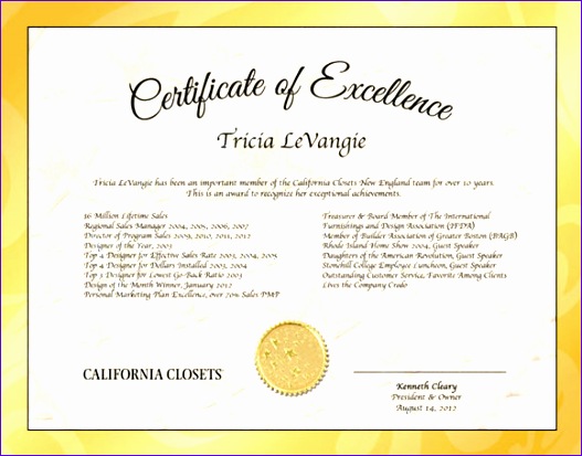 sample certificate of excellence