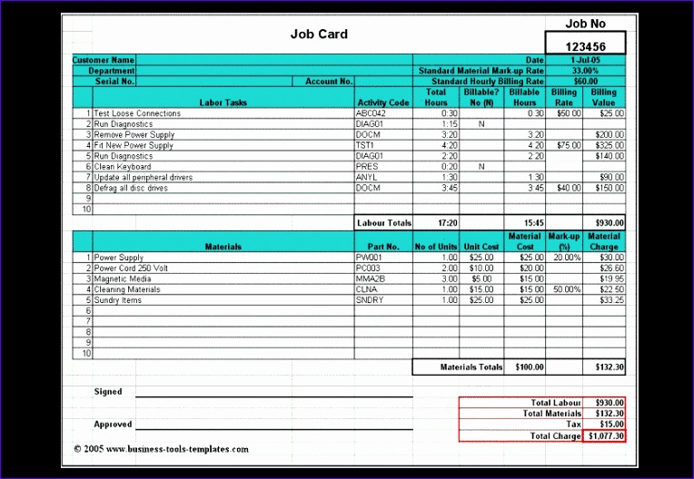 job card template excel 895